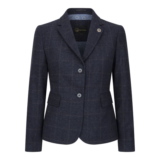 Marineblauwe getailleerde 2-delige set voor dames met tweed formeel blazervest - Image 2