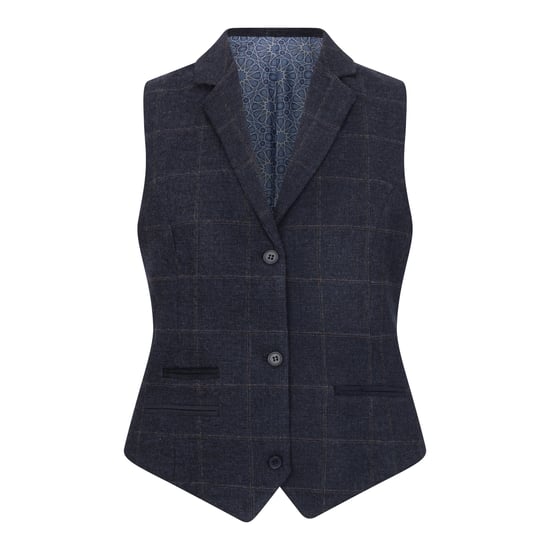 Marineblauwe getailleerde 2-delige set voor dames met tweed formeel blazervest - Image 3