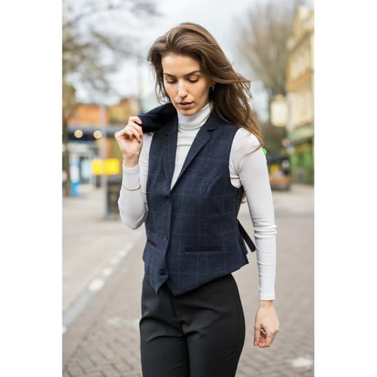 Marineblauwe getailleerde 2-delige set voor dames met tweed formeel blazervest - Image 4