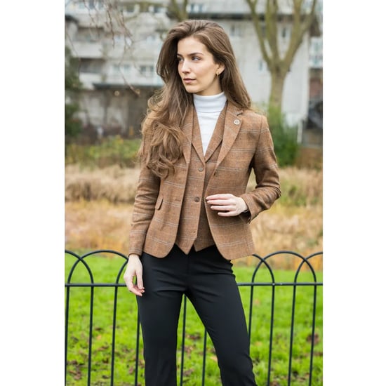 Dames Oak Brown 2-delige set Tweed Blazer Vest met visgraatmotief - Image 1