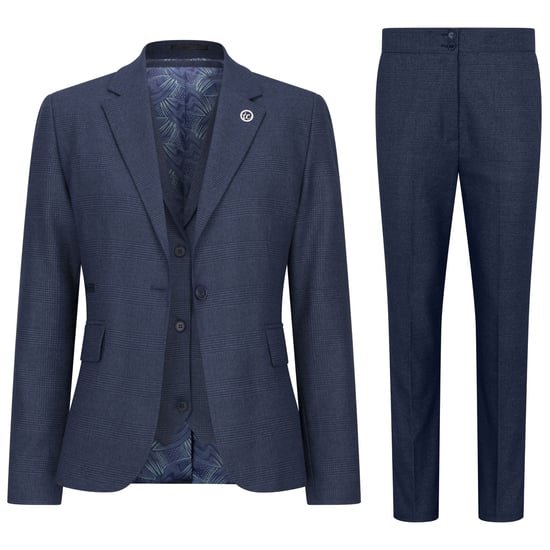 Marineblauw driedelig getailleerde damespak met Prince of Wales-ruit - Image 1