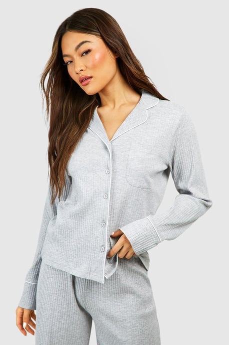 Loungewear Rib Piping Detail Long Sleeve Shirt - Image 1