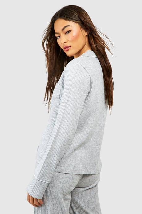 Loungewear Rib Piping Detail Long Sleeve Shirt - Image 2