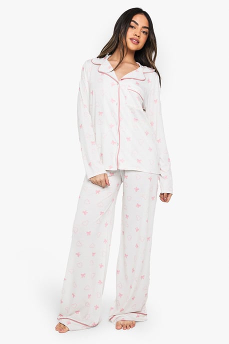 Bow Print Piping Detail Long Sleeve Shirt & Trousers Pyjama Set - Image 1
