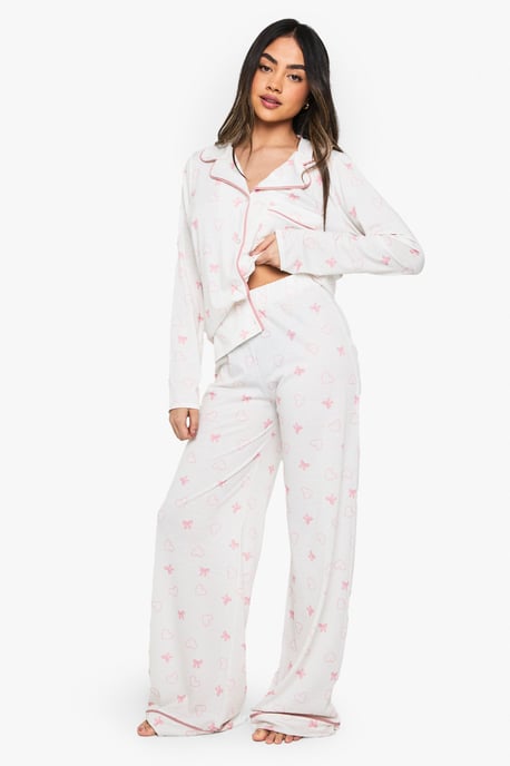 Bow Print Piping Detail Long Sleeve Shirt & Trousers Pyjama Set - Image 3