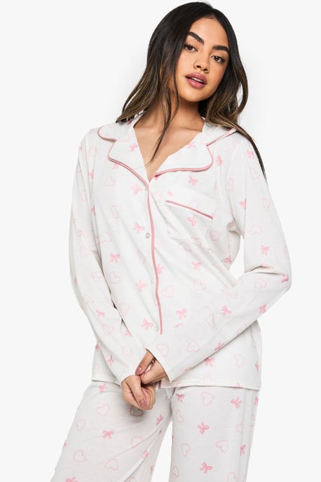 Bow Print Piping Detail Long Sleeve Shirt & Trousers Pyjama Set - Image 4