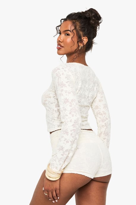 Floral Jacquard Button Through Long Sleeve Top - Image 2