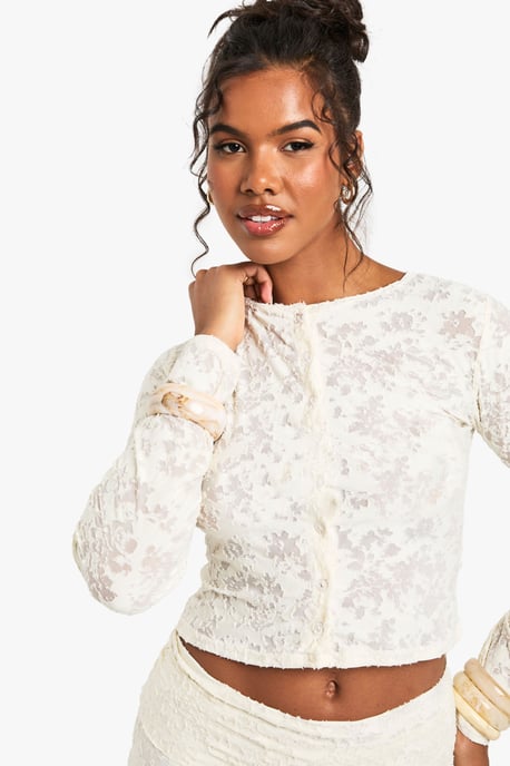 Floral Jacquard Button Through Long Sleeve Top - Image 4
