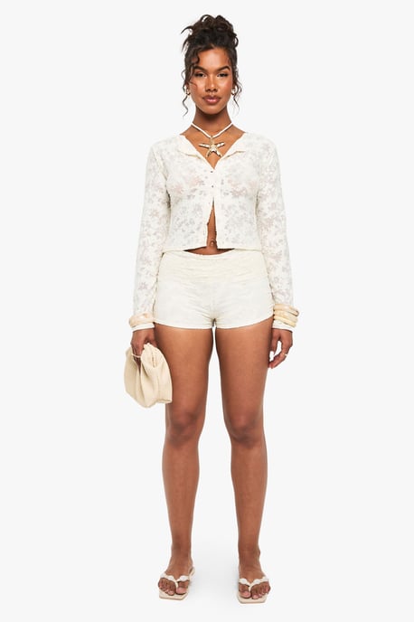 Floral Jacquard Button Through Long Sleeve Top - Image 5