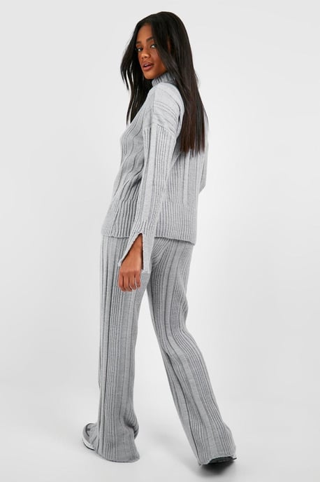 Soft Mixed Rib Knit Wide Leg Trousers - Image 2
