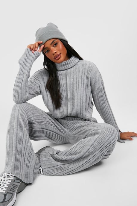 Soft Mixed Rib Knit Wide Leg Trousers - Image 3