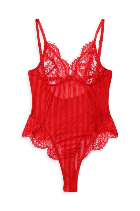 Eyelash Lace And Stripe Mesh Bodysuit - Image 5