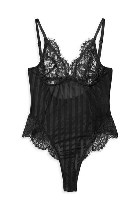 Eyelash Lace And Stripe Mesh Bodysuit - Image 5