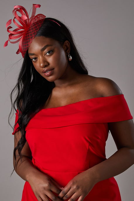 ML Studio Red Feathered Mesh Cocktail Fascinator Red Couture Fascinator, Cocktail Hat, Melbourne Cup  main image 2