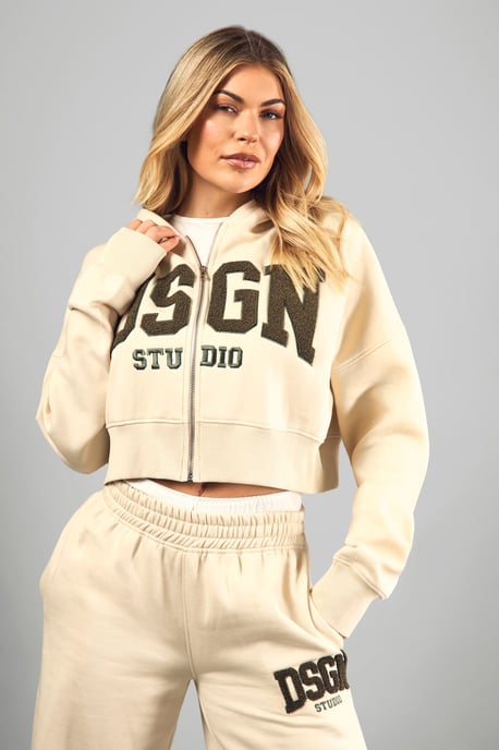 Dsgn Studio Towelling Applique Boxy Crop Zip Through Hoodie - Image 1