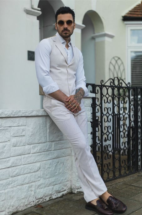Heren Zomer 2-delig Pak Linnen Formeel Crème Beige Vest Broek - Image 6