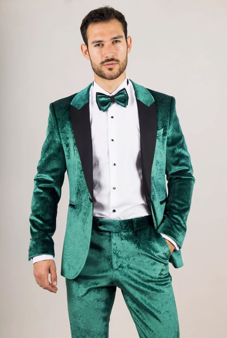 Men's Green 3 Piece Velvet Wedding Tuxedo Formal Suit - Image 1