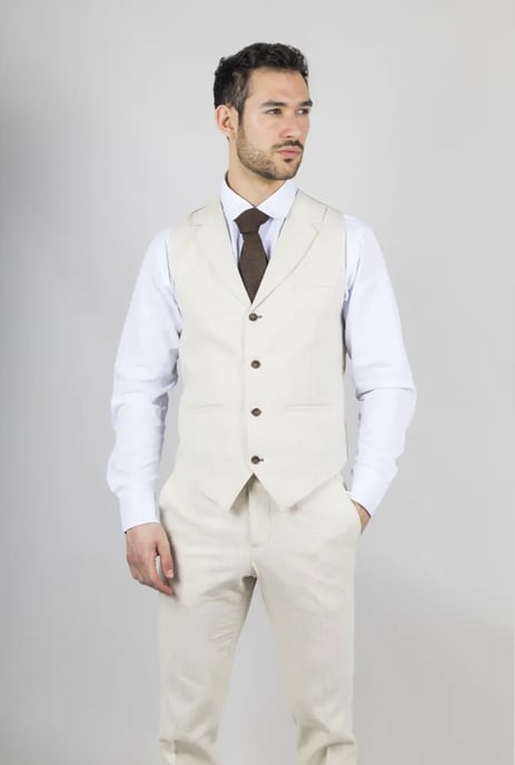 Mens Beige 3 Piece Linen Formal Summer Wedding Suit - Image 2