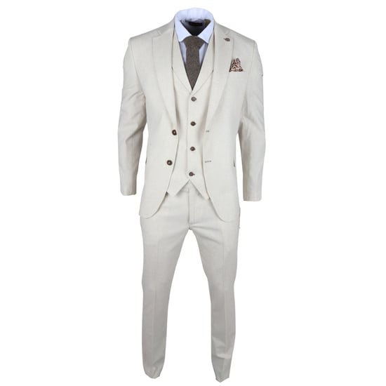 Mens Beige 3 Piece Linen Formal Summer Wedding Suit - Image 5