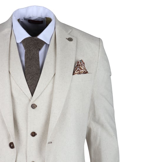 Mens Beige 3 Piece Linen Formal Summer Wedding Suit - Image 6