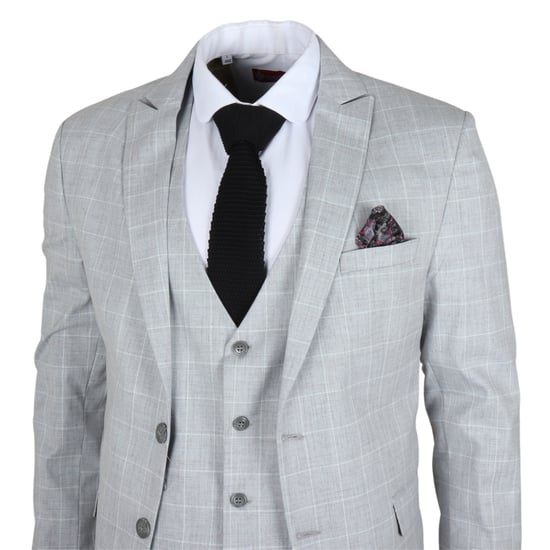 Men's Grey Checked 3 Piece Suit Tailored Fit - Image 4