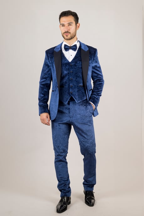 Heren Blauwe 3-delige Fluwelen Trouw Tuxedo Formele Pak - Image 2