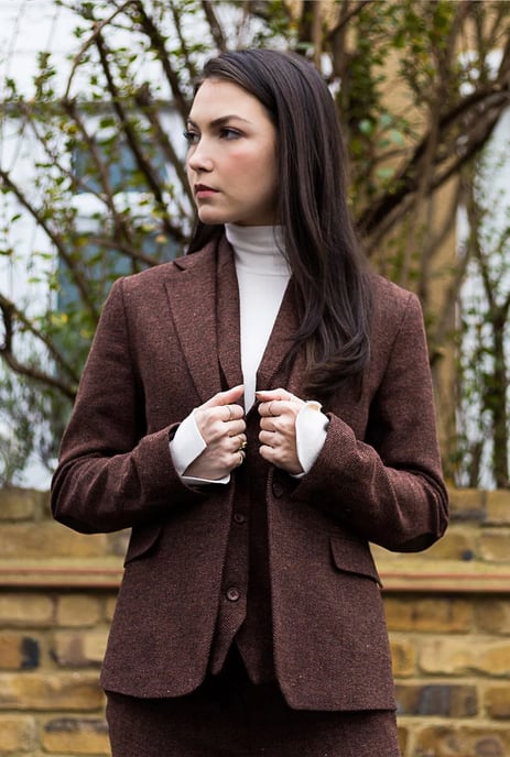 Dames roestbruine 2-delige set met visgraatmotief van wollen tweed en ruitjesblazer - Image 4