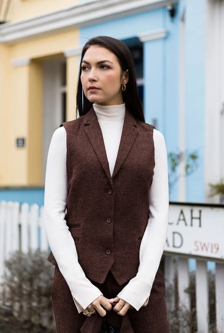 Dames roestbruine 2-delige set met visgraatmotief van wollen tweed en ruitjesblazer - Image 6