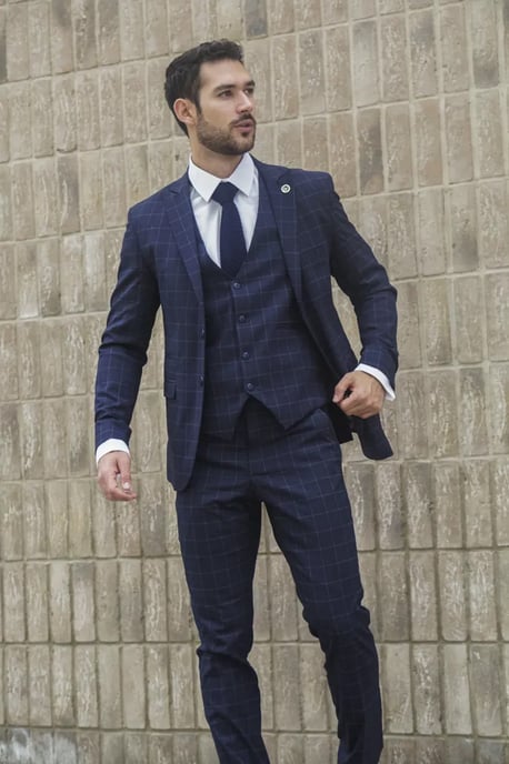 Men's Navy Checked 3 Piece Suit Tailored Fit - Image 2