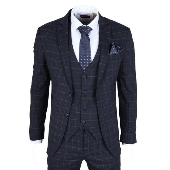 Men's Navy Checked 3 Piece Suit Tailored Fit - Image 3