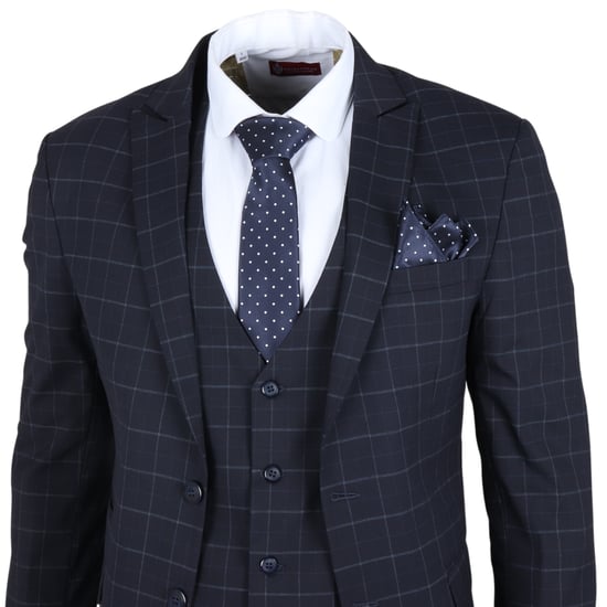 Men's Navy Checked 3 Piece Suit Tailored Fit - Image 4