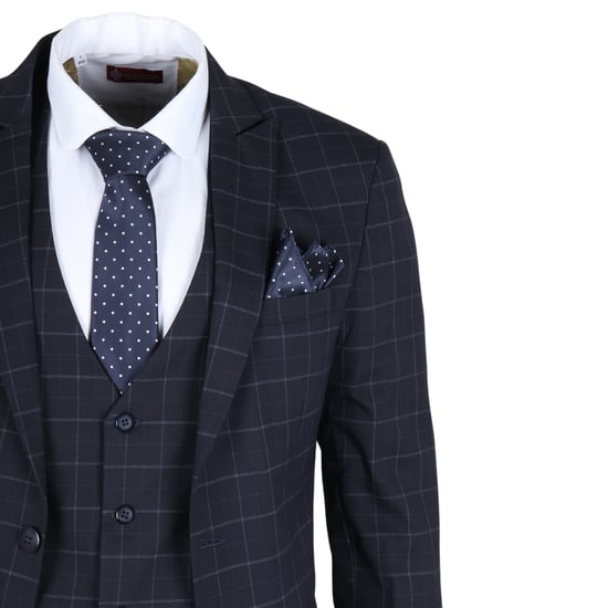 Men's Navy Checked 3 Piece Suit Tailored Fit - Image 6