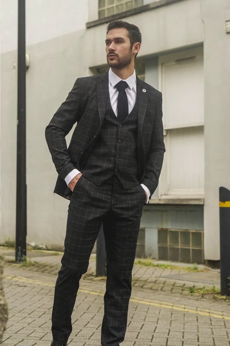 Heren Zwart Geruit 3-Delig Pak Met Tailored Fit - Image 2