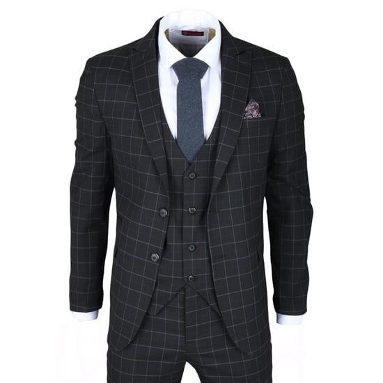 Heren Zwart Geruit 3-Delig Pak Met Tailored Fit - Image 3
