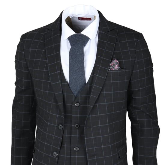 Heren Zwart Geruit 3-Delig Pak Met Tailored Fit - Image 4