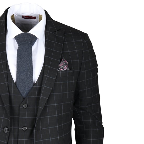 Heren Zwart Geruit 3-Delig Pak Met Tailored Fit - Image 6
