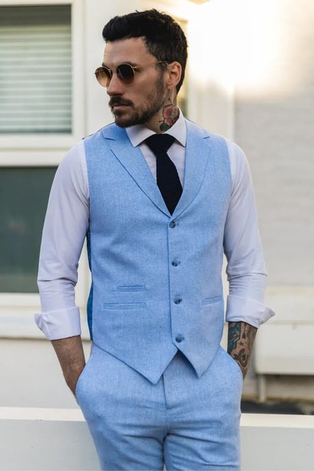 Men's Summer 2 Piece Suit Linen Formal Blue Waistcoat Trousers - Image 1
