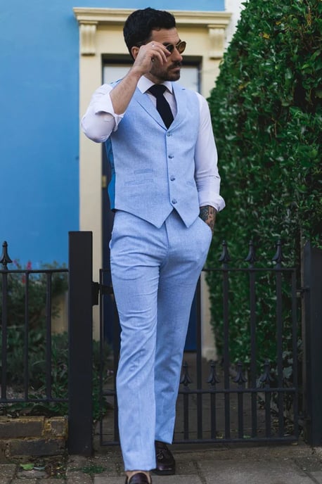 Men's Summer 2 Piece Suit Linen Formal Blue Waistcoat Trousers - Image 2