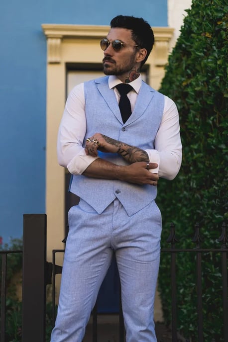 Men's Summer 2 Piece Suit Linen Formal Blue Waistcoat Trousers - Image 3