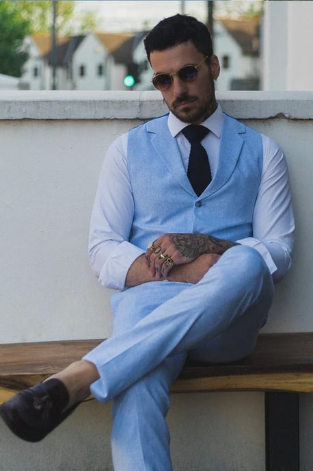 Men's Summer 2 Piece Suit Linen Formal Blue Waistcoat Trousers - Image 4
