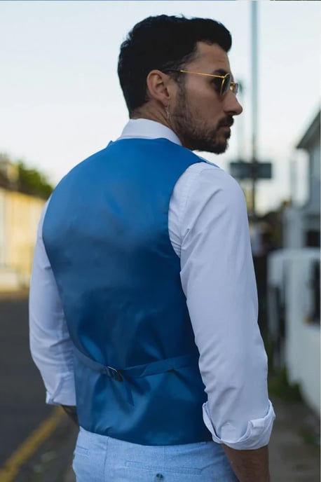 Men's Summer 2 Piece Suit Linen Formal Blue Waistcoat Trousers - Image 5