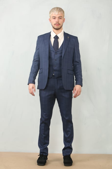 Men's 3 Piece Prince Of Wales Blue Suit Workwear - Image 2