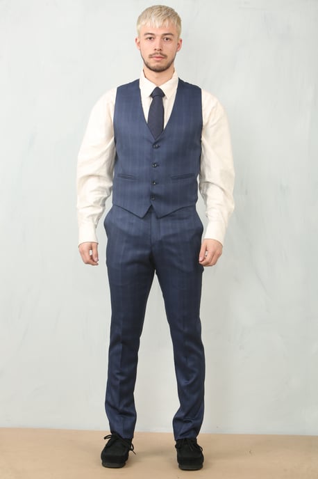 Men's 3 Piece Prince Of Wales Blue Suit Workwear - Image 4