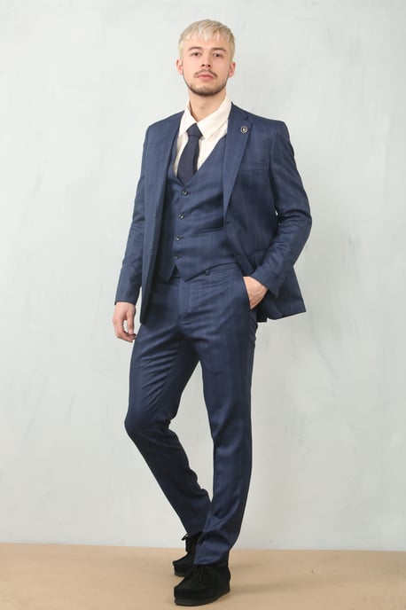 Men's 3 Piece Prince Of Wales Blue Suit Workwear - Image 6