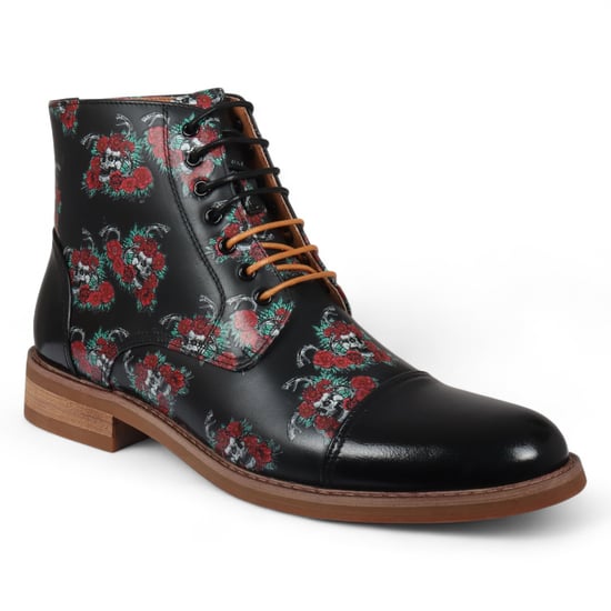 Justin Reess Heren Zwarte Oxford Enkellaarsjes van Leer met Bloemenprint - Adam Skull - Image 3