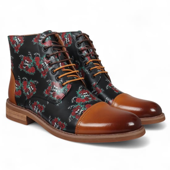 Justin Reess Heren Bruine Oxford Enkellaarsjes van Leer met Bloemenprint - Adam Skull - Image 2