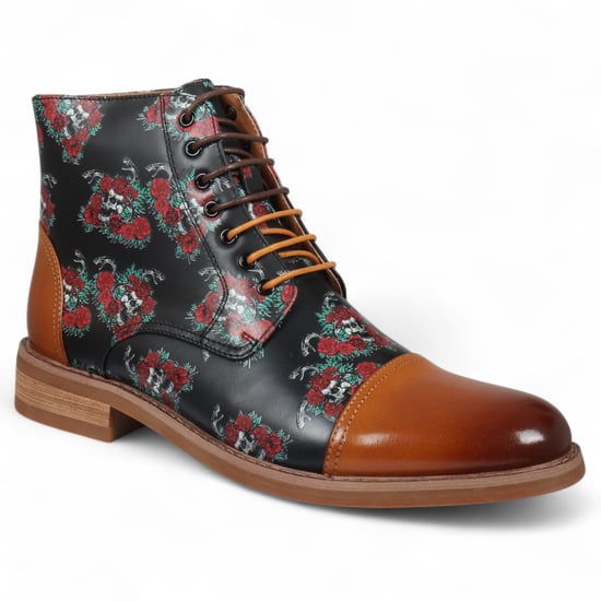 Justin Reess Heren Bruine Oxford Enkellaarsjes van Leer met Bloemenprint - Adam Skull - Image 4