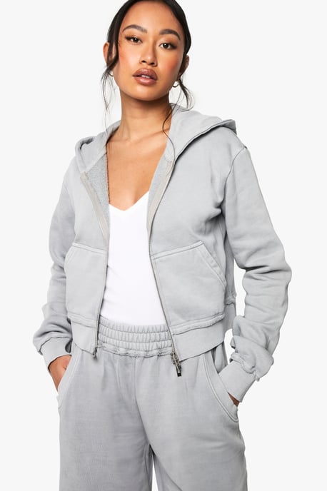 Washed Exposed Seam Shrunken Zip Through Hoodie - Image 1