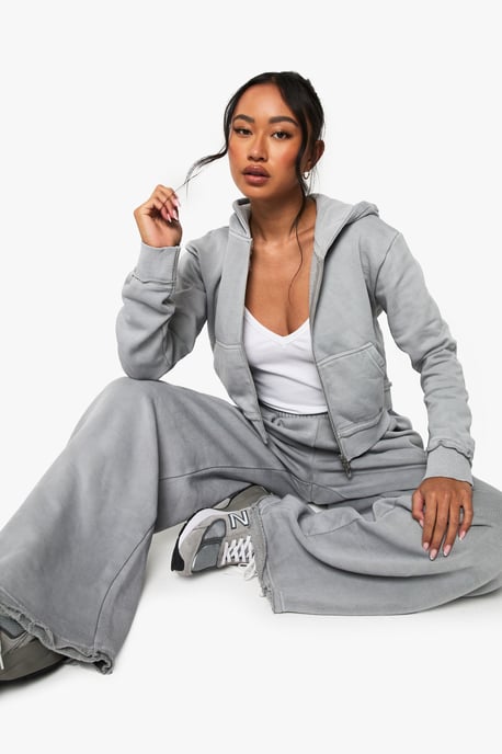 Washed Exposed Seam Shrunken Zip Through Hoodie - Image 3