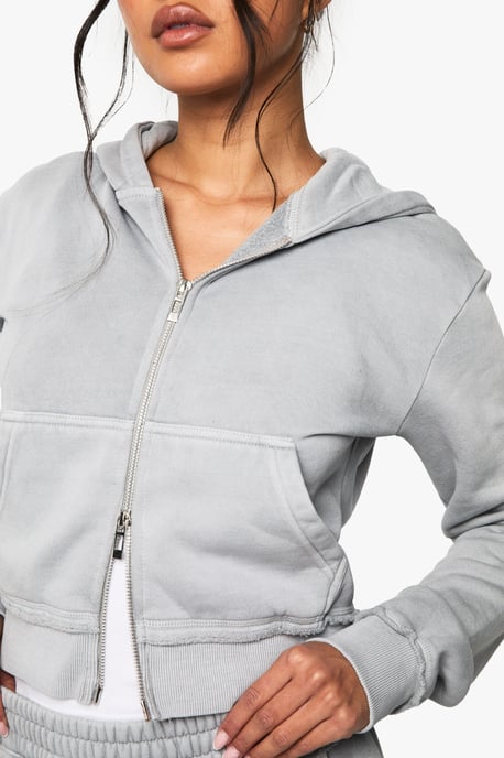 Washed Exposed Seam Shrunken Zip Through Hoodie - Image 4